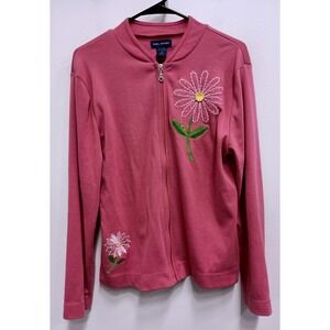 VTG SML SPORT Full Zip Sweater Womens M Pink Floral Embroidered Beaded Cottage